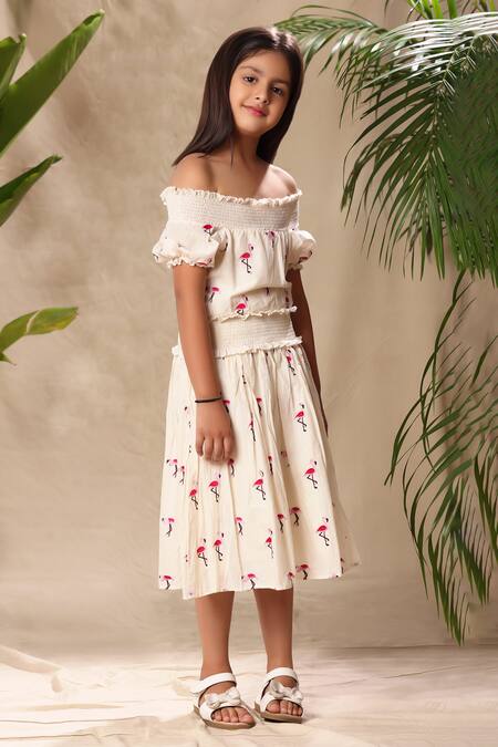 Shop_Littlecheer_Off White Cotton Embroidery Flamingo Shoulder Dress _Online_at_Aza_Fashions