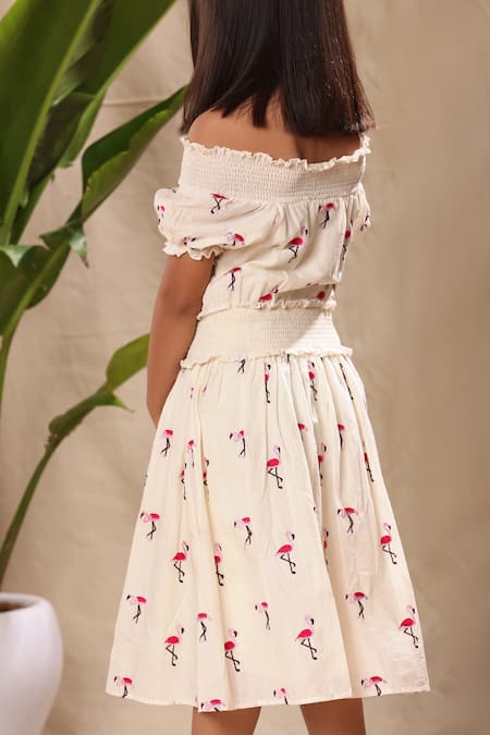 Littlecheer Flamingo Embroidered Off Shoulder Dress 