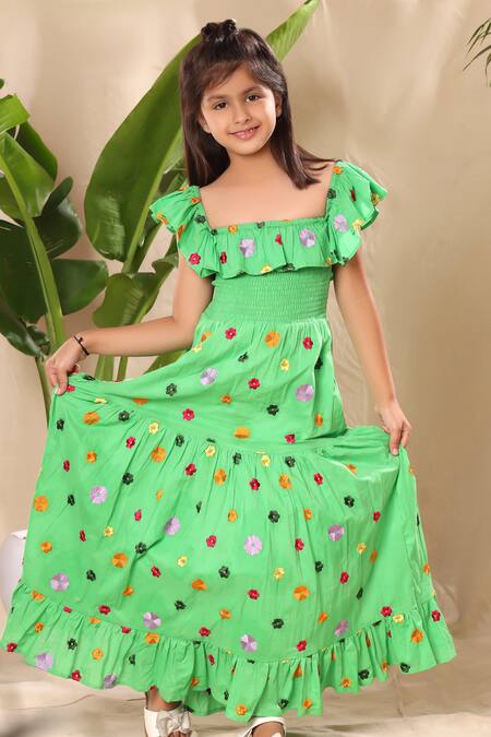 Buy_Littlecheer_Green Cotton Embroidery Flower Maxi Dress _Online_at_Aza_Fashions