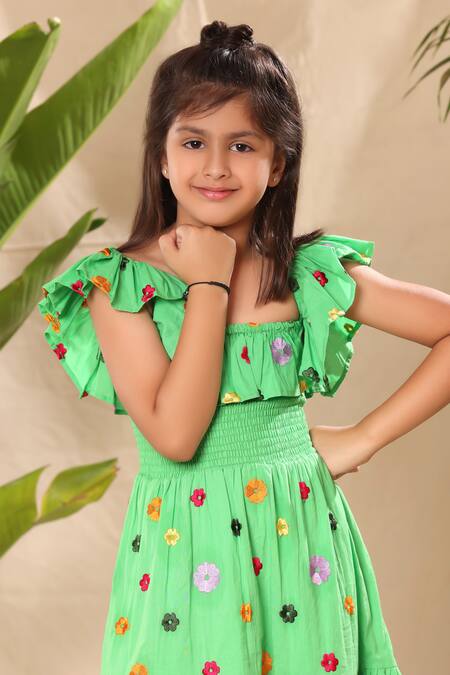 Shop_Littlecheer_Green Cotton Embroidery Flower Maxi Dress _Online_at_Aza_Fashions