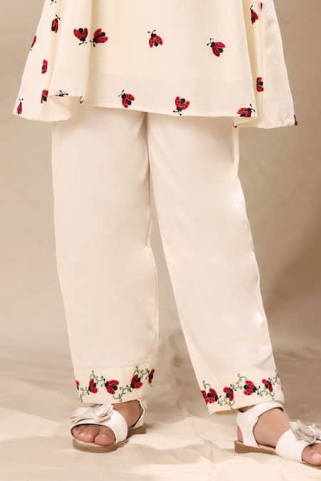 Littlecheer_Off White Cotton Embroidery Ladybug Kurta And Pant Set _at_Aza_Fashions