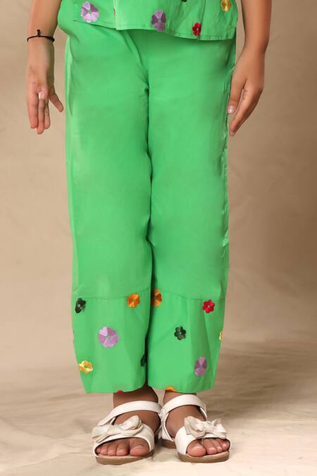 Littlecheer_Green Cotton Embroidery Floral Top And Pant Set _Online_at_Aza_Fashions
