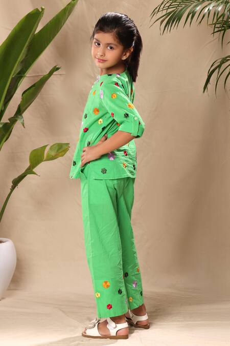 Littlecheer_Green Cotton Embroidery Floral Top And Pant Set _at_Aza_Fashions