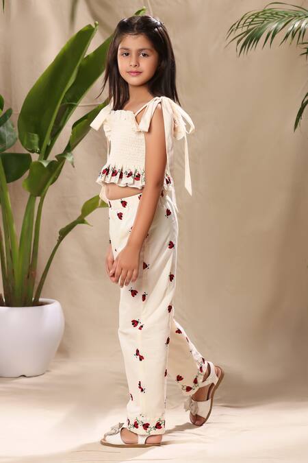 Littlecheer_Off White Cotton Embroidery Smocked Top And Pant Set _Online_at_Aza_Fashions
