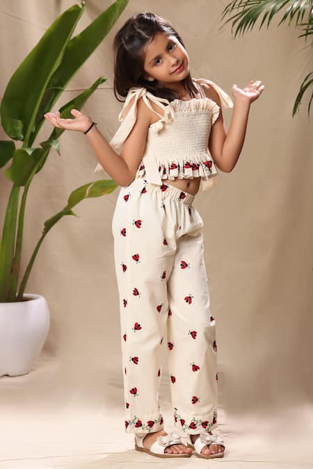 Buy_Littlecheer_Off White Cotton Embroidery Smocked Top And Pant Set _Online_at_Aza_Fashions
