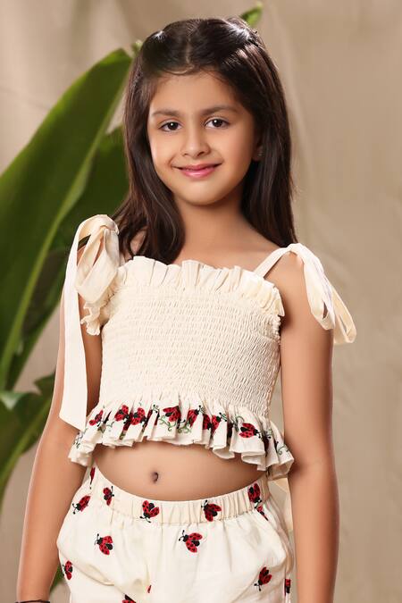 Littlecheer_Off White Cotton Embroidery Smocked Top And Pant Set _at_Aza_Fashions