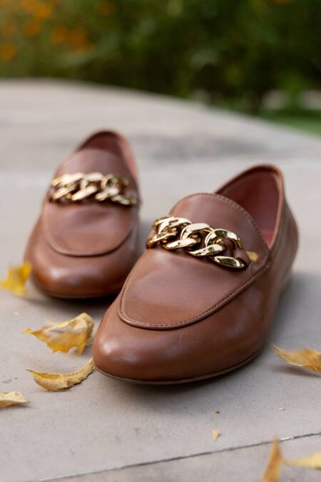 CHAIN TRIM LEATHER LOAFERS - Brown