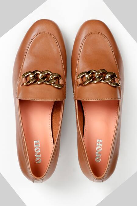 Shop Oroh Brown Chain Trim Leather Loafers at Aza Fashions Shop_Oroh_Brown Chain Trim Leather Loafers_at_Aza_Fashions