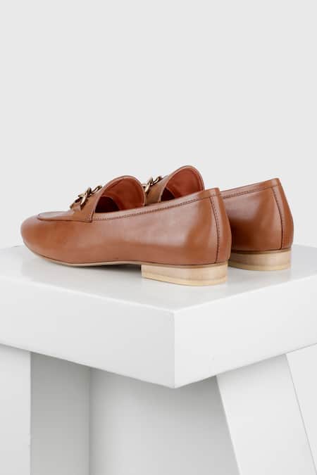 Shop Oroh Brown Chain Trim Leather Loafers Online at Aza Fashions Shop_Oroh_Brown Chain Trim Leather Loafers_Online_at_Aza_Fashions