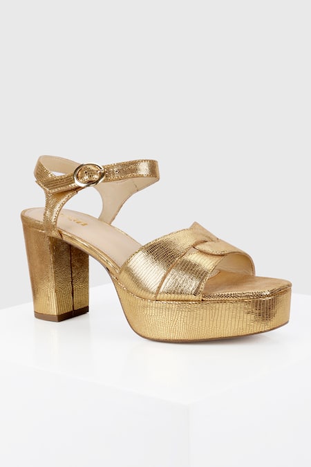 Shop_Oroh_Gold Zircon Metallic Embossed Sandals _Online_at_Aza_Fashions