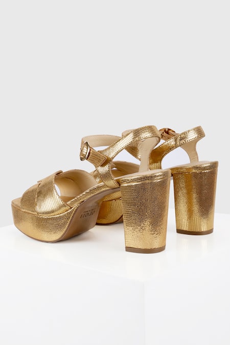 Oroh_Gold Zircon Metallic Embossed Sandals _at_Aza_Fashions