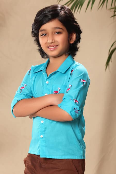 Littlecheer Blue Cotton Embroidery Flamingo Thread Shirt 