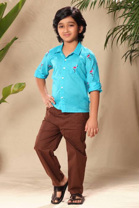 Buy Littlecheer Blue Cotton Embroidery Flamingo Thread Shirt Online at Aza Fashions Buy_Littlecheer_Blue Cotton Embroidery Flamingo Thread Shirt _Online_at_Aza_Fashions