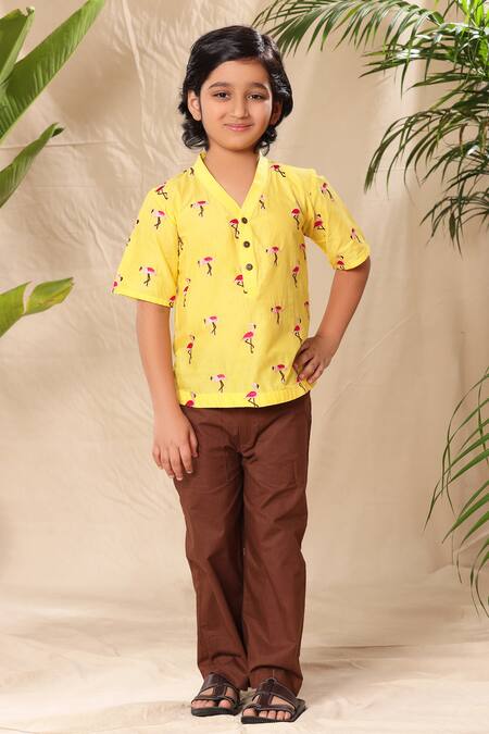 Shop_Littlecheer_Yellow Cotton Embroidery Flamingo Thread Work Shirt _Online_at_Aza_Fashions