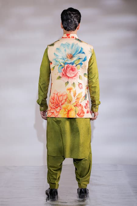 Shop_Jubinav Chadha_Yellow Cotton, Silk, Crepe Embroidery Floral Hand Painted Nehru Jacket Set _at_Aza_Fashions