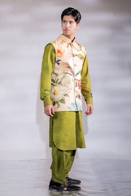 Jubinav Chadha_Yellow Cotton, Silk, Crepe Embroidery Floral Hand Painted Nehru Jacket Set _Online_at_Aza_Fashions