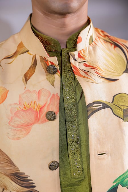 Buy_Jubinav Chadha_Yellow Cotton, Silk, Crepe Embroidery Floral Hand Painted Nehru Jacket Set _Online_at_Aza_Fashions