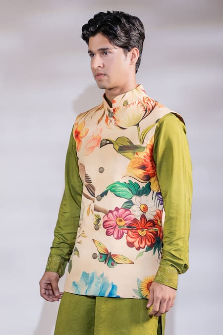 Shop_Jubinav Chadha_Yellow Cotton, Silk, Crepe Embroidery Floral Hand Painted Nehru Jacket Set _Online_at_Aza_Fashions