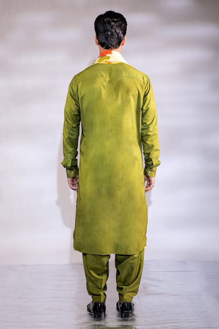 Shop_Jubinav Chadha_Green Crepe, Cotton, Silk Embroidery Kurta Set With Floral Print Stole _at_Aza_Fashions