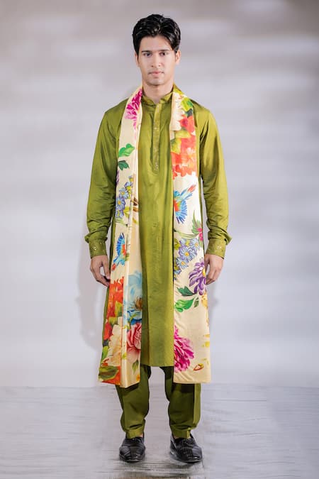 Buy_Jubinav Chadha_Green Crepe, Cotton, Silk Embroidery Kurta Set With Floral Print Stole _Online_at_Aza_Fashions