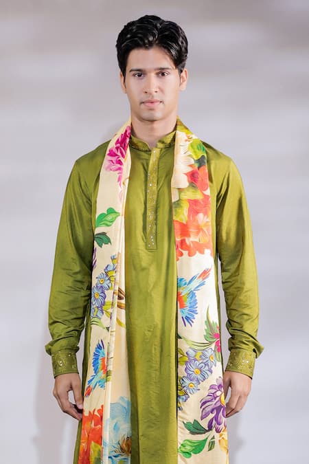 Shop_Jubinav Chadha_Green Crepe, Cotton, Silk Embroidery Kurta Set With Floral Print Stole _Online_at_Aza_Fashions