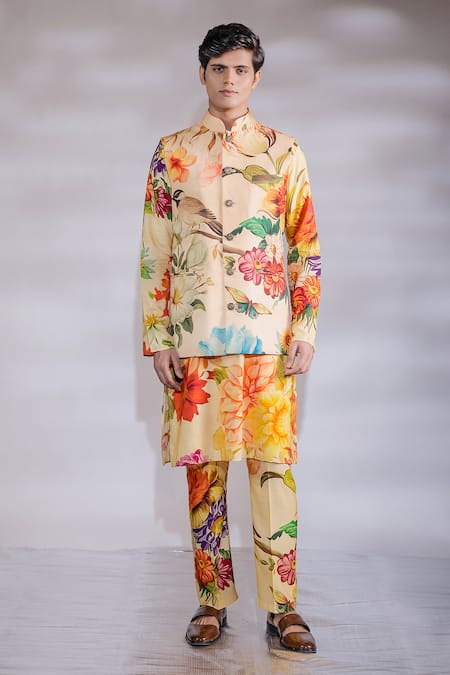 Jubinav Chadha Flora Fauna Print Nehru Jacket & Kurta Set 