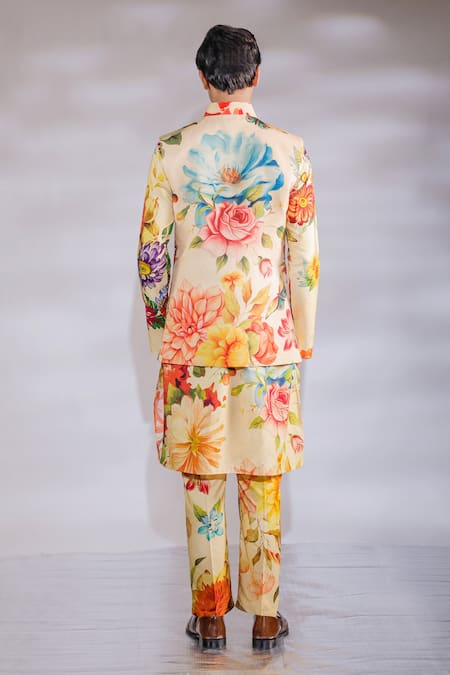 Shop_Jubinav Chadha_Yellow Crepe, Cotton, Silk Embroidery Flora Fauna Print Nehru Jacket And Kurta Set _at_Aza_Fashions