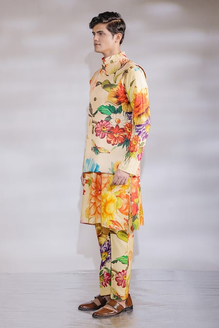 Jubinav Chadha_Yellow Crepe, Cotton, Silk Embroidery Flora Fauna Print Nehru Jacket And Kurta Set _Online_at_Aza_Fashions