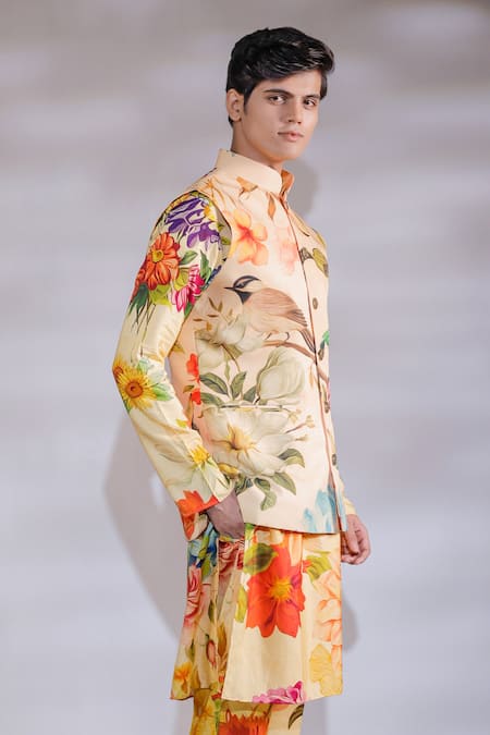 Buy_Jubinav Chadha_Yellow Crepe, Cotton, Silk Embroidery Flora Fauna Print Nehru Jacket And Kurta Set _Online_at_Aza_Fashions