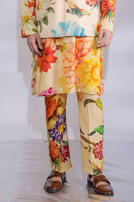 Shop_Jubinav Chadha_Yellow Crepe, Cotton, Silk Embroidery Flora Fauna Print Nehru Jacket And Kurta Set _Online_at_Aza_Fashions