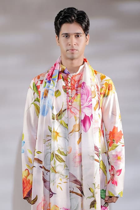 Shop_Jubinav Chadha_Pink Cotton, Silk, Crepe Embroidery Flora Fauna Print Kurta Set _Online_at_Aza_Fashions