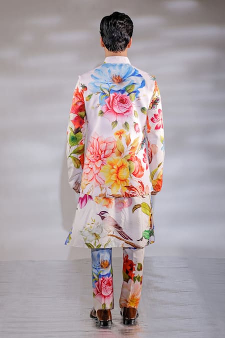 Shop_Jubinav Chadha_Pink Crepe, Cotton, Silk Embroidery Flora Print Nehru Jacket Set _at_Aza_Fashions