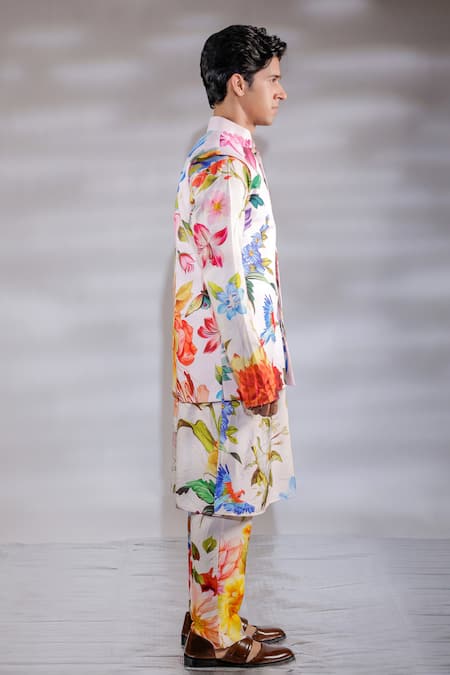 Jubinav Chadha_Pink Crepe, Cotton, Silk Embroidery Flora Print Nehru Jacket Set _Online_at_Aza_Fashions