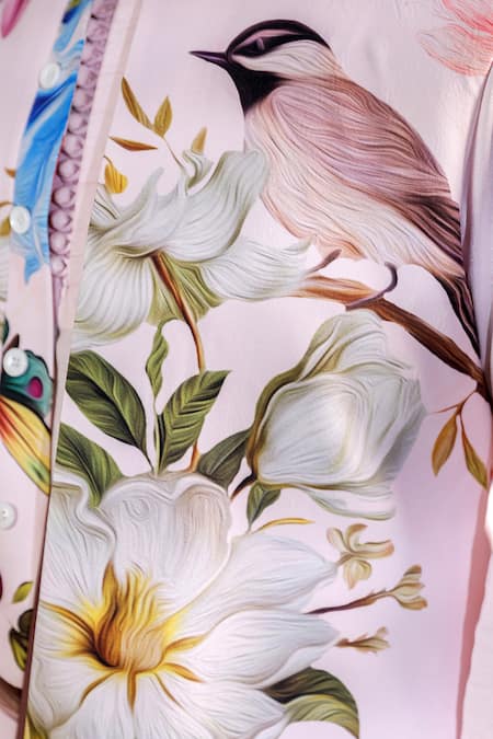 Buy_Jubinav Chadha_Pink Crepe, Cotton, Silk Embroidery Flora Print Nehru Jacket Set _Online_at_Aza_Fashions