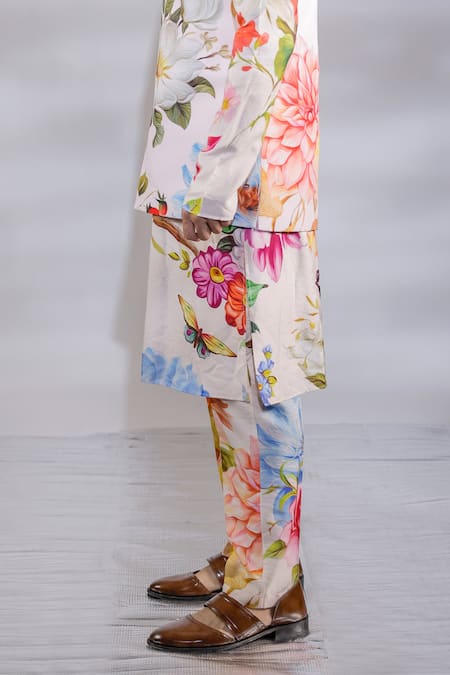 Shop_Jubinav Chadha_Pink Crepe, Cotton, Silk Embroidery Flora Print Nehru Jacket Set _Online_at_Aza_Fashions