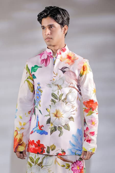 Jubinav Chadha_Pink Crepe, Cotton, Silk Embroidery Flora Print Nehru Jacket Set _at_Aza_Fashions
