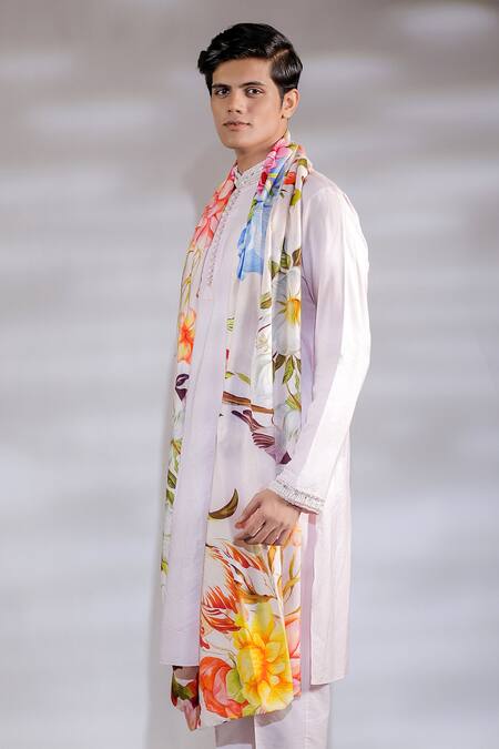 Buy_Jubinav Chadha_Pink Crepe, Cotton, Silk Pearls Kurta Set With Flora Fauna Print Stole _Online_at_Aza_Fashions
