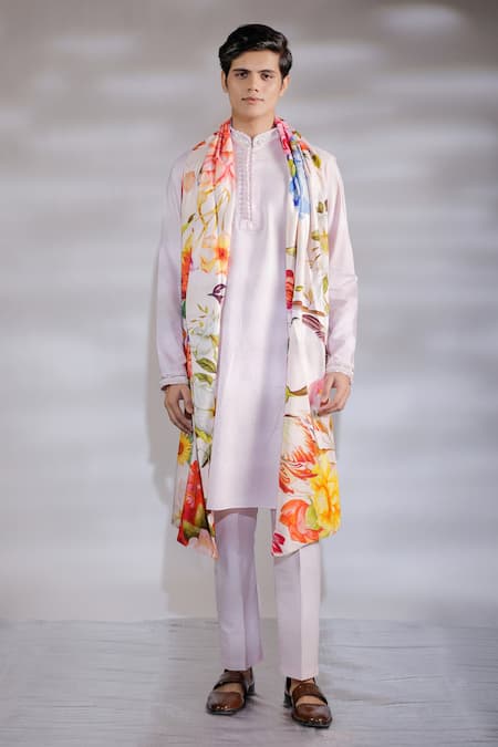 Shop_Jubinav Chadha_Pink Crepe, Cotton, Silk Pearls Kurta Set With Flora Fauna Print Stole _Online_at_Aza_Fashions
