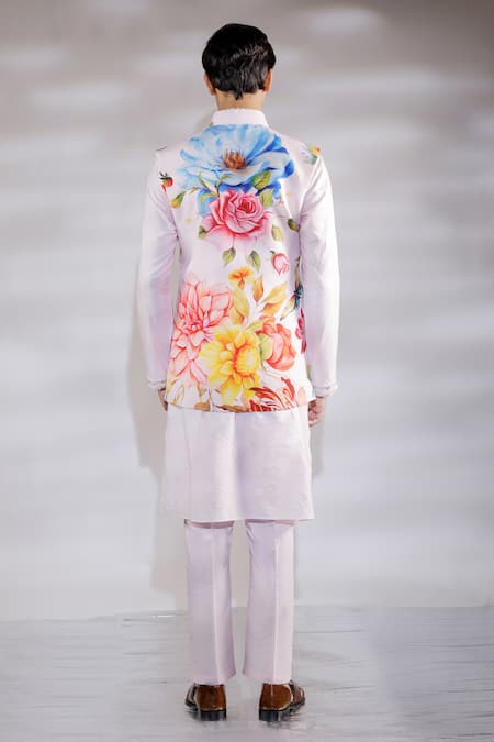 Shop Jubinav Chadha Pink Cotton, Silk, Crepe Embroidery Flora And Fauna Print Nehru Jacket Set at Aza Fashions Shop_Jubinav Chadha_Pink Cotton, Silk, Crepe Embroidery Flora And Fauna Print Nehru Jacket Set _at_Aza_Fashions