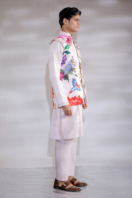 Jubinav Chadha Pink Cotton, Silk, Crepe Embroidery Flora And Fauna Print Nehru Jacket Set Online at Aza Fashions Jubinav Chadha_Pink Cotton, Silk, Crepe Embroidery Flora And Fauna Print Nehru Jacket Set _Online_at_Aza_Fashions