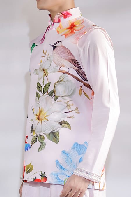 Shop Jubinav Chadha Pink Cotton, Silk, Crepe Embroidery Flora And Fauna Print Nehru Jacket Set Online at Aza Fashions Shop_Jubinav Chadha_Pink Cotton, Silk, Crepe Embroidery Flora And Fauna Print Nehru Jacket Set _Online_at_Aza_Fashions