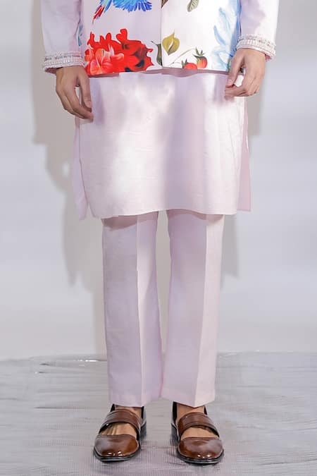 Jubinav Chadha Pink Cotton, Silk, Crepe Embroidery Flora And Fauna Print Nehru Jacket Set at Aza Fashions Jubinav Chadha_Pink Cotton, Silk, Crepe Embroidery Flora And Fauna Print Nehru Jacket Set _at_Aza_Fashions