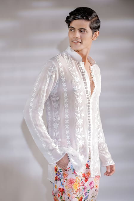 Buy_Jubinav Chadha_White Georgette Embroidery Chikankari Sheer Short Kurta_Online_at_Aza_Fashions