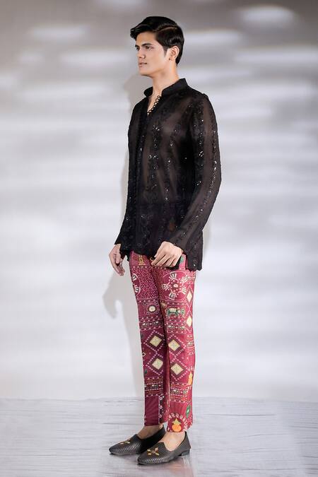 Jubinav Chadha Black Georgette Embroidery Floral Chikankari Sheer Short Kurta Online at Aza Fashions Jubinav Chadha_Black Georgette Embroidery Floral Chikankari Sheer Short Kurta_Online_at_Aza_Fashions