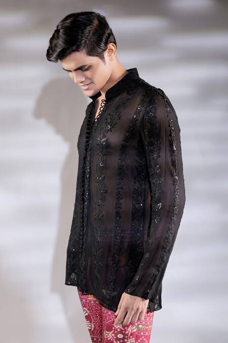 Buy Jubinav Chadha Black Georgette Embroidery Floral Chikankari Sheer Short Kurta Online at Aza Fashions Buy_Jubinav Chadha_Black Georgette Embroidery Floral Chikankari Sheer Short Kurta_Online_at_Aza_Fashions