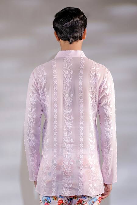 Shop_Jubinav Chadha_Pink Georgette Embroidery Sheer Short Chikankari Kurta_at_Aza_Fashions