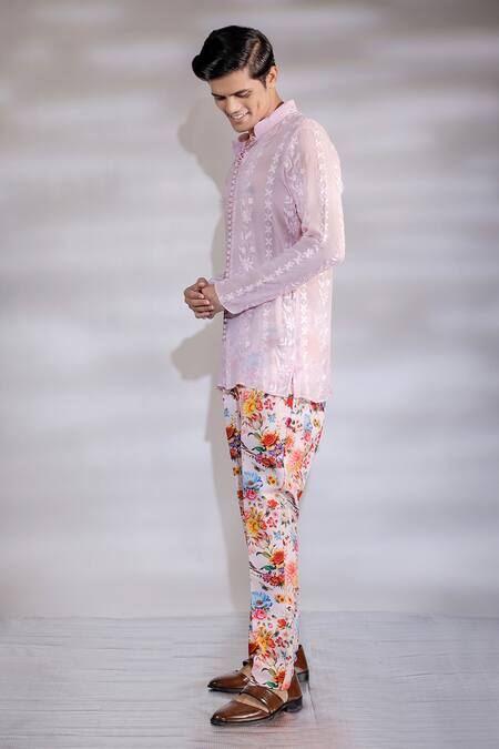 Shop_Jubinav Chadha_Pink Georgette Embroidery Sheer Short Chikankari Kurta_Online_at_Aza_Fashions