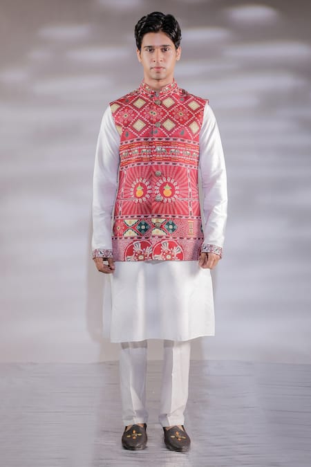 Jubinav Chadha Bandhani Print Bundi & Kurta Set 