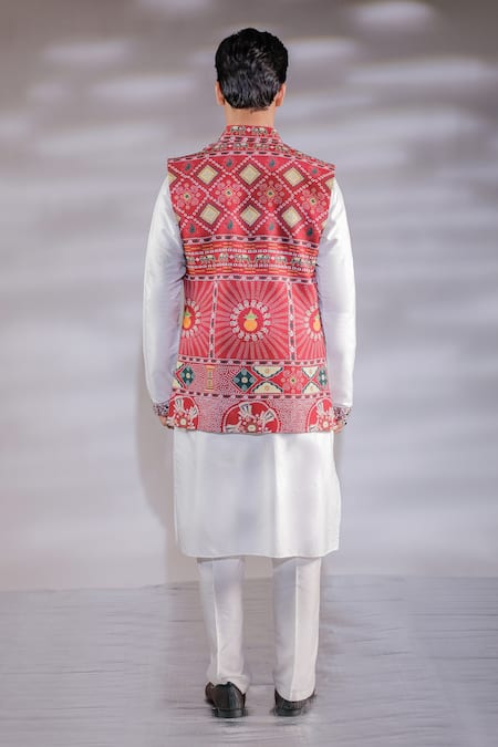 Shop_Jubinav Chadha_Red Cotton, Silk, Crepe Embroidery Bandhani Print Nehru Jacket And Kurta Set _at_Aza_Fashions