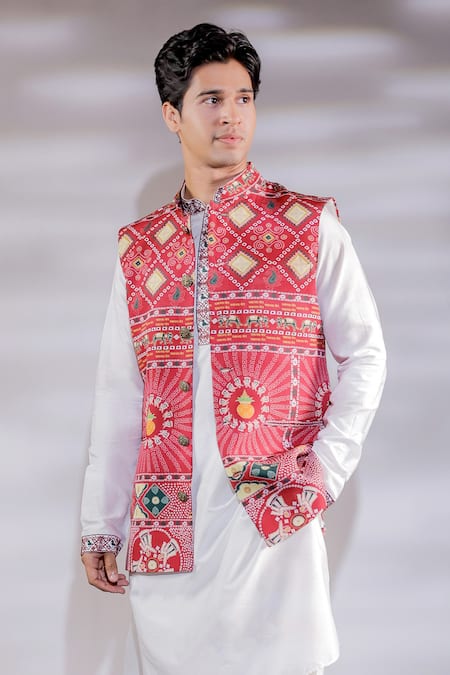 Buy_Jubinav Chadha_Red Cotton, Silk, Crepe Embroidery Bandhani Print Nehru Jacket And Kurta Set _Online_at_Aza_Fashions